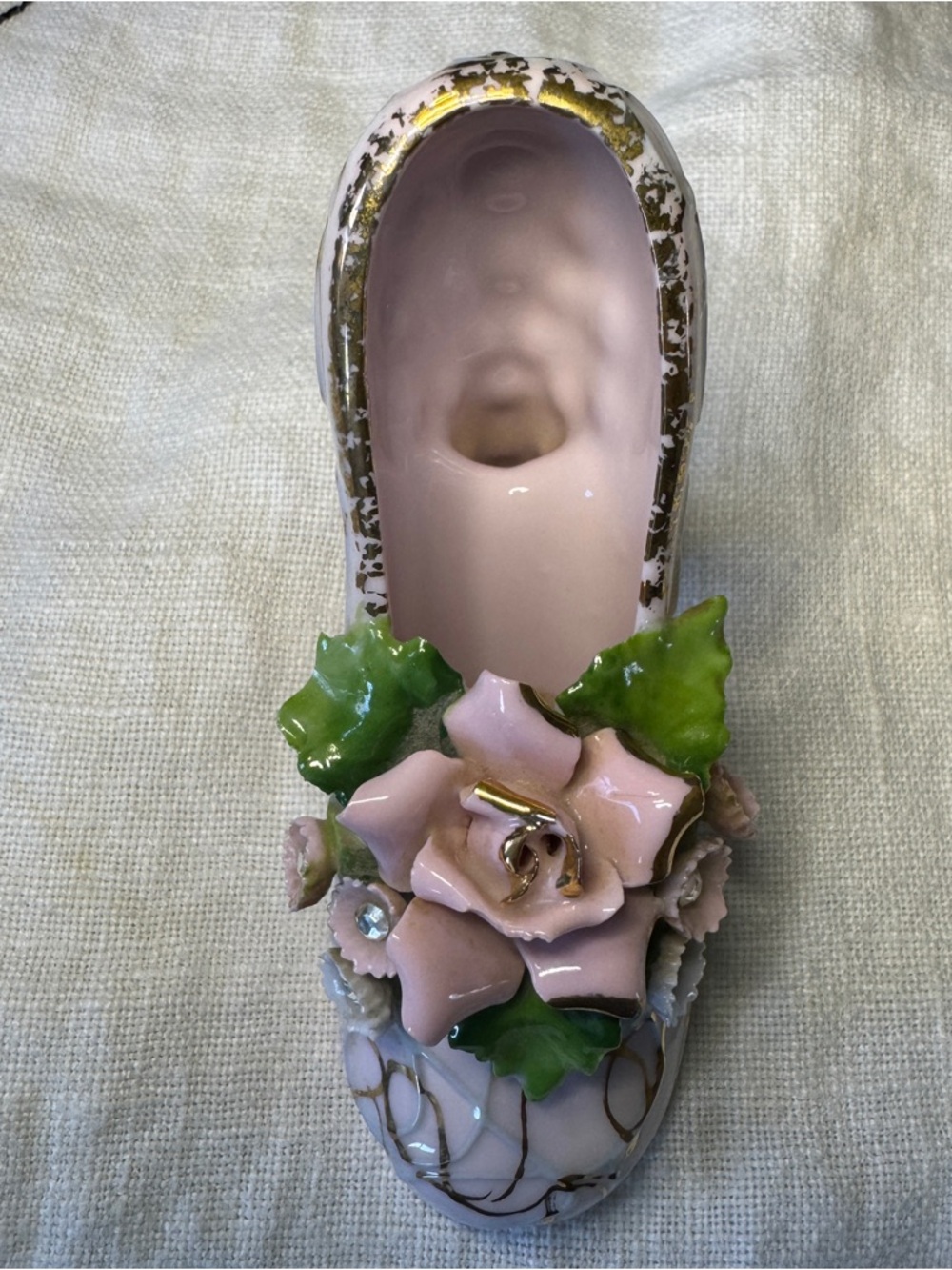 Vintage Japan Porcelain High Heel Shoe Figurine Pink Floral Rhinestone Vanity - Picture 4 of 14